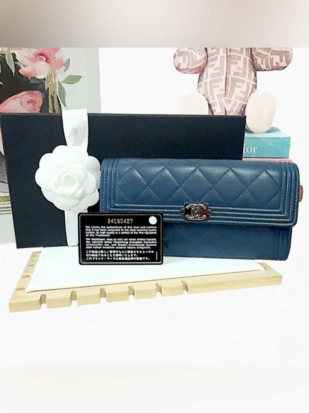 CHANEL Boy Flap Long Wallet- like new- include box and dust bag- blue